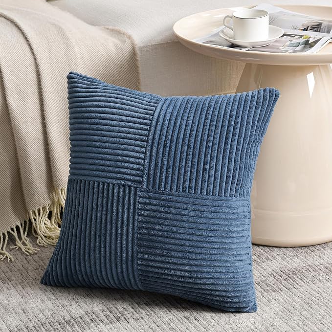 Fancy Homi 2 Packs Dusty Blue Samll Decorative Throw Pillow Covers 14x14 Inch with for Couch Bed Sofa, Rustic Farmhouse Boho Home Decor, Soft Corss Patchwork Corduroy Square Cushion Case 35x35 cm