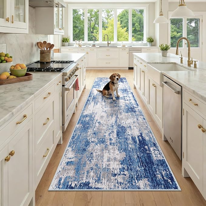 RELEANY Washable Runner 3'x9' Abstract Area Rug for Hallway Blue Gray | Carpet for Kitchen, Entryway, Bathroom, Living Room, Bedroom, Printed Pattern, Non‑Slip, Soft, Stain‑Resistant, Easy to Clean
