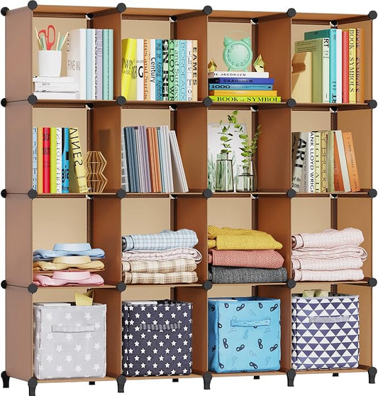 HOMIDEC Cube Storage Organizer, 16-Cube Closet Organizers and Storage | Portable Closet Organizer, Storage Cubes Shelves for Bedroom, Bathroom, Clothes Rack, Bookshelf for Kids Room, Brown