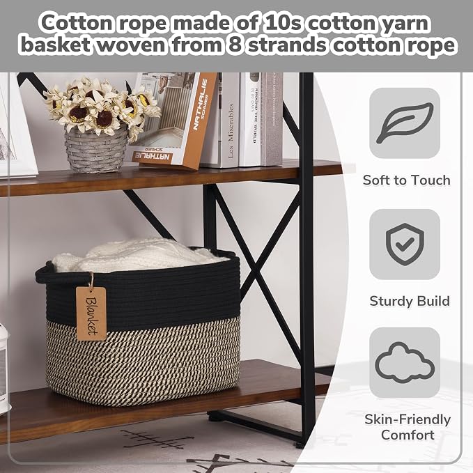 Goodpick Woven Storage Basket for Shelves, Rectangle, Black & Jute | 13" × 10" × 9" Stylish Gift Basket for Home Decor, Wicker Baskets for Shoes, Toys & Books Storage, Reinforced Handles