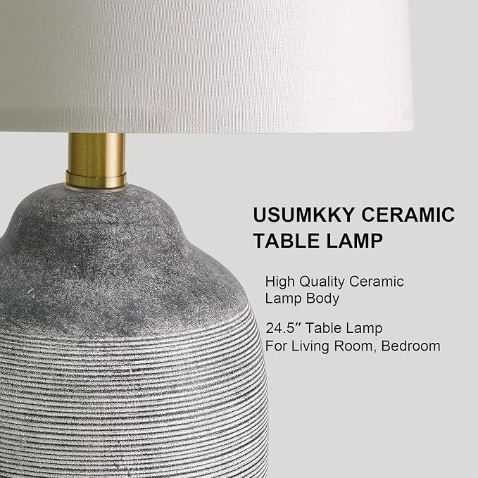 USumkky 24.5" Vintage Ceramic Table Lamp with 5FT Cord,Single Farmhouse Rustic Bedside Lamp with Natural Textured Finish, Nightstand Lamps for Living Room, Bedroom End Table Office Rustic Black & Gray