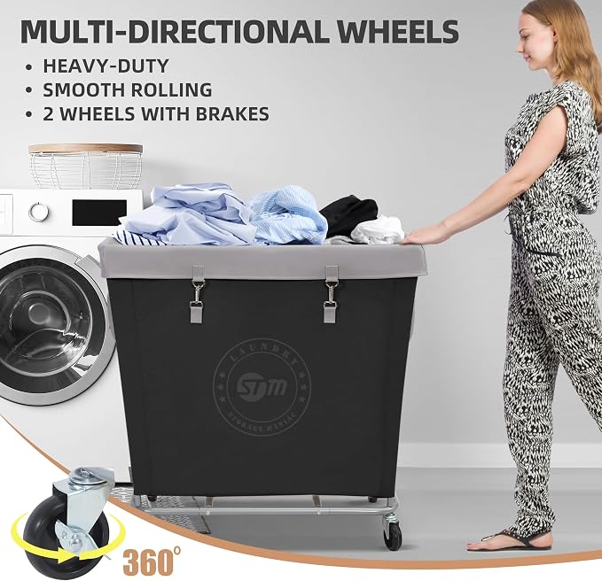 STORAGE MANIAC Commercial Laundry Hamper with Heavy Duty Steel Frame, 320 L Industrial Laundry Basket Cart with Wheels for Hotel, Home, Laundry Room, 31.7''L x 19.3''W x 30.91''H, Large Black