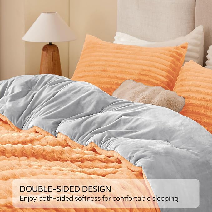 BEDELITE Fleece Queen Comforter Set, Fluffy Bed Set, Coral | Super Soft & Warm Bedding, Luxury Fuzzy Faux Fur Comforter for Winter, Heavy Plush Bedding, with 2 Pillowcases