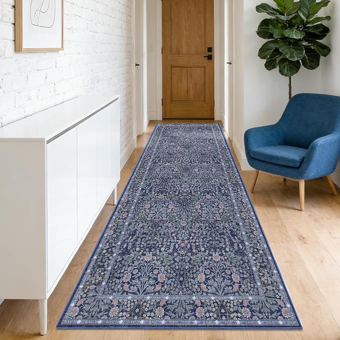 Washable 2'6" x 10' Runners for Hallways, Non Slip Long Floor Runner for Kitchen, Entryway Indoor, Stain Resistant Rubber Backing Floral Decor Rug (Blue)