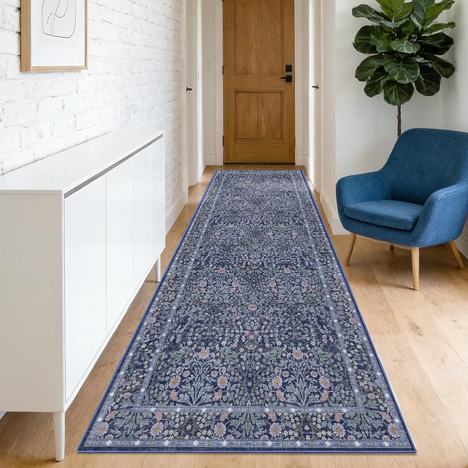 Washable 2' x 6' Runners for Hallways, Non Slip Long Floor Runner for Kitchen, Entryway Indoor, Stain Resistant Rubber Backing Floral Decor Rug (Blue)