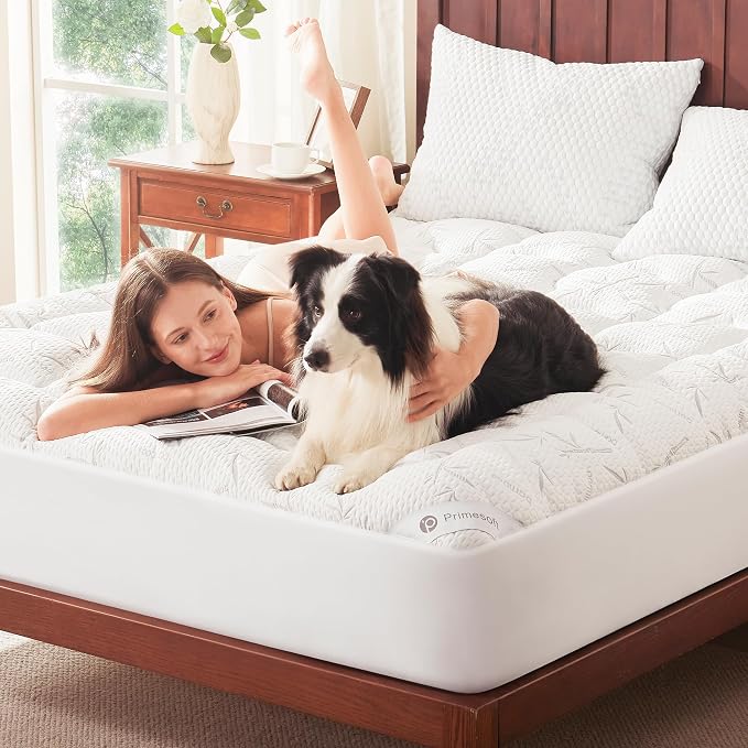 PRIMESOFT King Size Mattress Topper, Thick Pillow Top Mattress Pad，Up to 21 Inch Deep Pocket,Soft Breathable Mattress Pad for Back Pain, Waterproof Protector Cover(White)