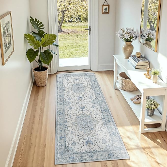 RELEANY Washable Area Rug, Runner 2'x5', Blue/White/Gray | Non-Slip, Water Repellent, Pet Friendly, Easy to Clean, Vintage Floral Boho Decor for Kitchen Entry Bedroom Bedside Laundry
