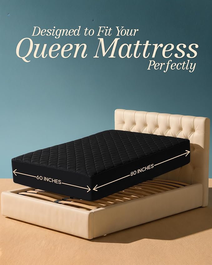 Quilted Mattress Pad, Queen Mattress Protector Topper fits 16" Deep, Black | Soft Breathable Fitted Mattress Cover, Noiseless, Deep Pockets & Machine Washable for Home & Hotels by Utopia Bedding