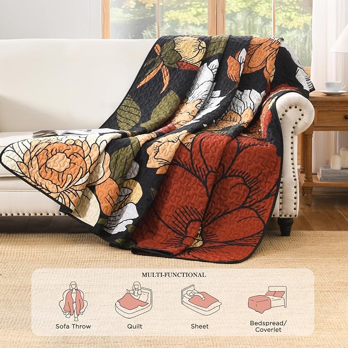 Andency Quilt Queen Size, Black Floral Boho Summer Bedspread 3 Pieces | Brown Flower Botanical Summer Bedspreads with 2 Shams, Reversible Polyester Coverlet Set for All Seasons, 96"x90"