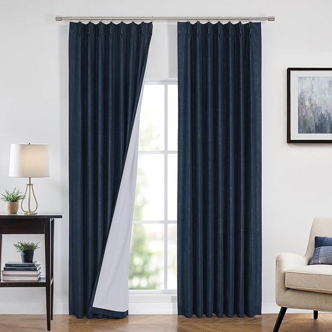 Vision Home Navy Blue Pinch Pleated Full Blackout Curtains Linen Blended Room Darkening Curtain Panels 90 inch for Living Room Bedroom Thermal Insulated Pinch Pleat Drapes with Hooks 40" Wx90 Lx2