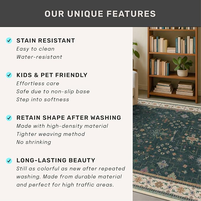 Dark Green Kitchen Rug 10 ft Long - Modern Vintage Boho Unique Floral with Gold Accent, Washable Low Pile Non-Slip Extra Long Wide Runner Rugs for Hallway, 3x10