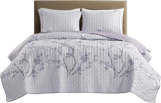 Comfort Spaces Bedspread Coverlet Set, Full/Queen, 3 Piece, Grey/Purple | All Season, Microfiber, Classic Layered Look for Any Bed, Floral Pattern, Reversible, Lightweight, OEKO-TEX Certified