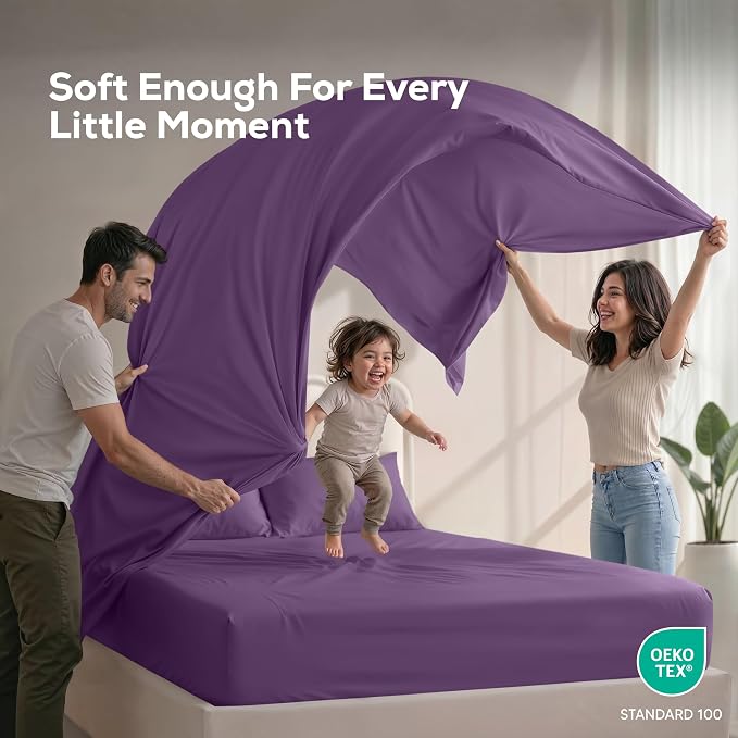California King Sheets Set, 4 Pieces 16" Deep Pocket Bed Sheets, Egg Plant | Extra Soft Bedsheet Set, Comfy & Breathable Cooling Sheets, Wrinkle & Fade Resistant, Fitted Sheet, Flat Sheet, 2 Pillowcases