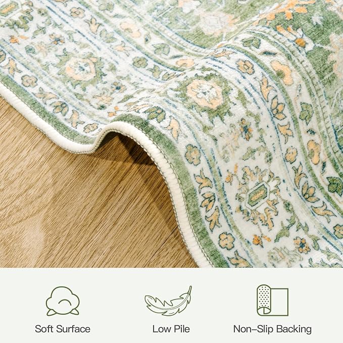 6x9 Area Rugs for Living Room, Washable Large Carpet, Light Green | Soft Rug for Bedroom, Dining Room, Home Office, Indoor, Nursery, Stain Resistant, Non-Slip, Low Pile,Vintage Distressed Rug