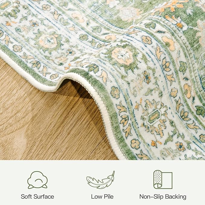 8x10 Area Rugs for Living Room, Washable Large Carpet, Light Green | Soft Rug for Bedroom, Dining Room, Home Office, Indoor, Nursery, Stain Resistant, Non-Slip, Low Pile,Vintage Distressed Rug