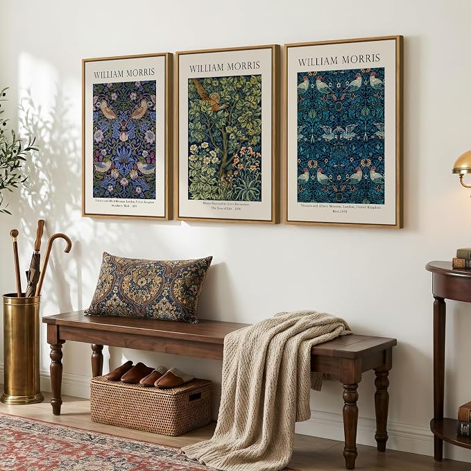 Large Framed Vintage William Morris Strawberry Thief Wall Art, Set of 3 | Fine art, Canvas artwork, Retro classic, Floral illustrations, 30x60 inch, Living room, Bedroom, Dining room, Hallway decor