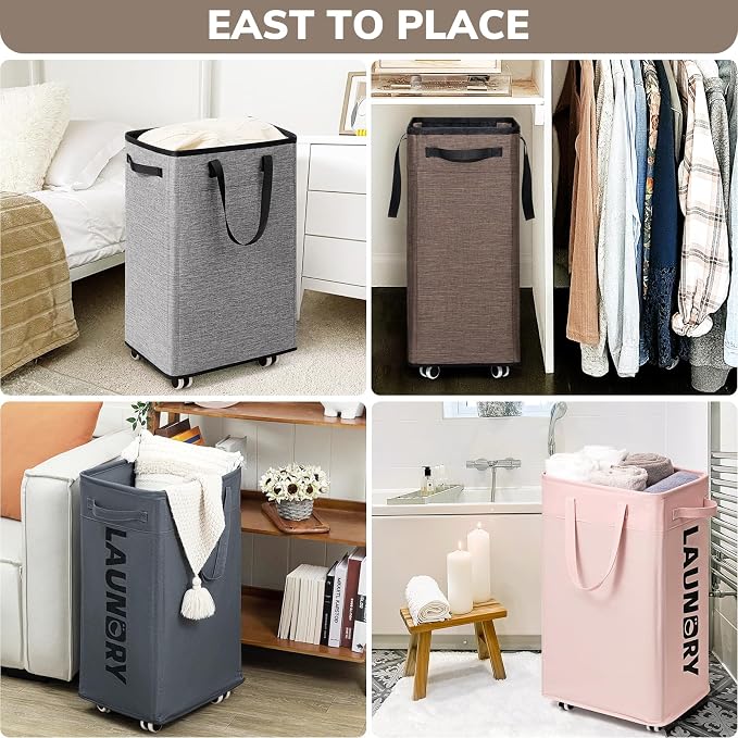 Goodpick 75L Collapsible Laundry Baskets with Removable Wash Bag and Wheels | Rolling Laundry Basket with Handles for Dirty Clothes, Fodable Hamper for Laundry Room, Light Brown