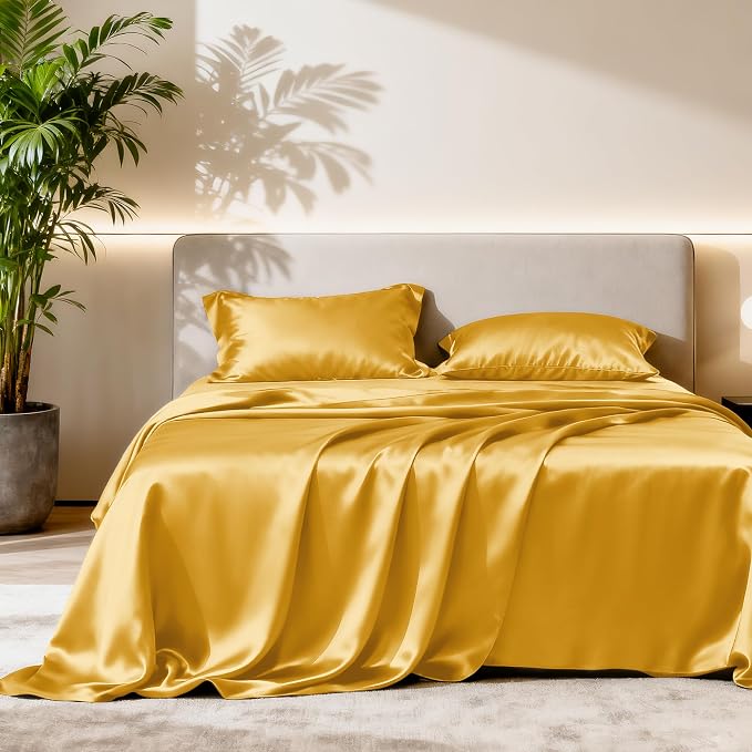 Love's cabin Full Size Satin Sheet Sets - 4 Piece Gold Silky Sheet Set with Deep Pocket, Luxury Silk Feel Satin Sheets Full Bedding Set (1 Flat Sheet,1 Fitted Sheet,2 Pillow Cases)