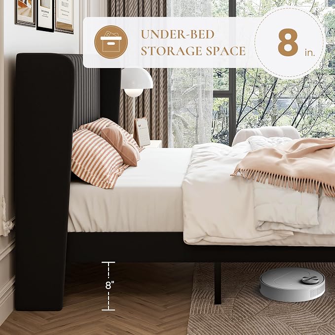 SHA CERLIN King Size Velvet Bed Frame, Tufted Wingback Headboard, Black | 47'' Modern Vertical Channel Headboard, Upholstered Platform Bed, Wood Slats, No Box Spring Needed, Easy Assembly, Noise Free