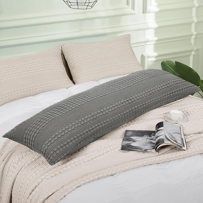 PHF 100% Cotton Waffle Body Pillowcase with Zipper, 1 Pack 20" x 54" Soft Skin-Friendly Pillow Sham, No Filling, Aesthetic Woven and Breathable Waffle Weave Body Pillow Cover for Bed, Dark Grey