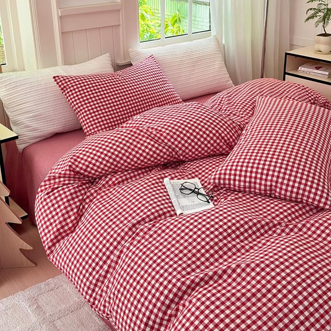 LifeTB Queen Comforter Set Red Gingham Comforter Modern Style Plaid Boho Comforter Set 3 Pieces Fluffy Grid Checkered Comforter with 2 Pillowcases Farmhouse Gingham Bedding Set Queen Size