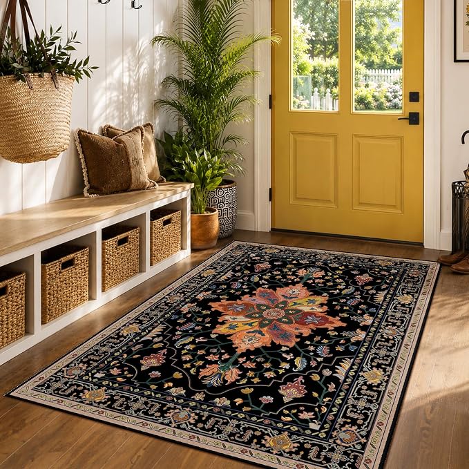 RELEANY Washable Area Rug, 5'x7', Black/Colorful | Non-Slip, Water Repellent, Pet Friendly, Easy to Clean, Vintage Floral Boho Decor for Living Room Bedroom Dining Room Office