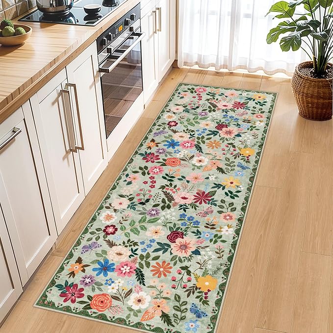 PLHXFR 2.6x8 Washable Runner Rug：Floral Indoor Kitchen Soft Carpet Green | For Hallway Bedroom Kitchen Laundry Bathroom Dorm,Vintage Floral,Machine washable,Non Slip,Stain Resistant,Indoor Floor