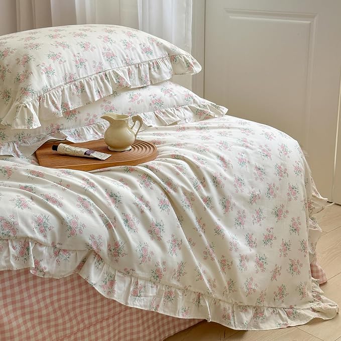 mixinni Pink Floral Duvet Cover Set King Size - 100% Cotton Ruffle Lace Bedding Set for Girls, Romantic Cottagecore Style Duvet Cover with Zipper Closure, Soft Aesthetic Princess Bedding-King