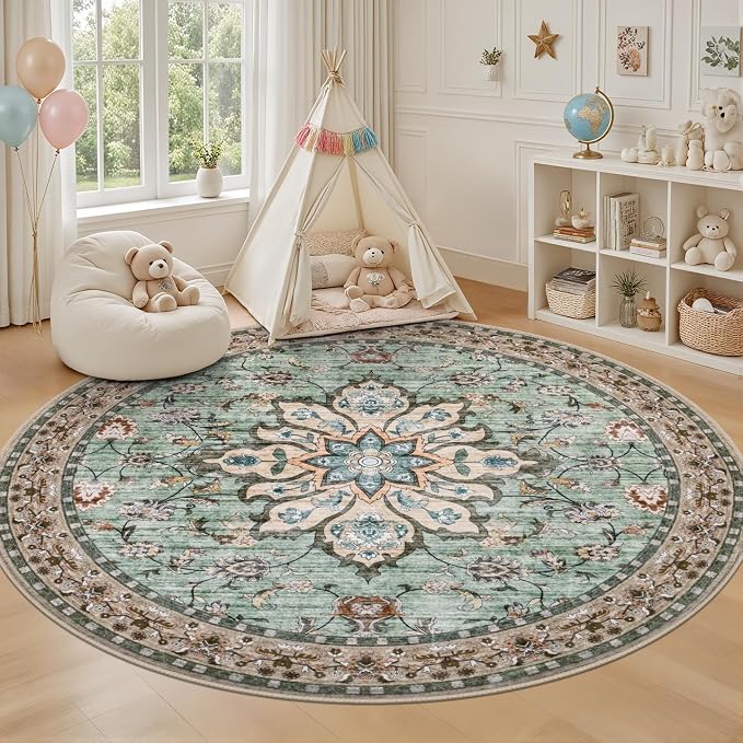 Round Area Rug for Living Room: 4ft Boho Washable Rug Brown Green | Vintage Boho Soft Round Rug Indoor Floor No Slip Carpet Stain Resistant Rugs for Bedroom Dining Room Nursery Home Office