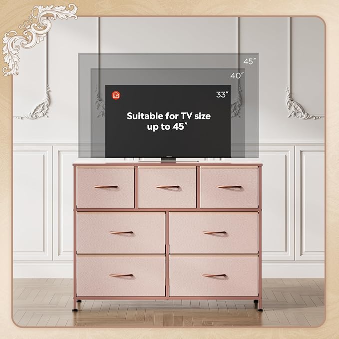 WLIVE Dresser for Bedroom, 7 Drawers, TV Stand, Pink | 7 roomy fabric drawers, Fits TVs up to 45 inch, Bedroom or living room, Wide storage design, Chest of drawers