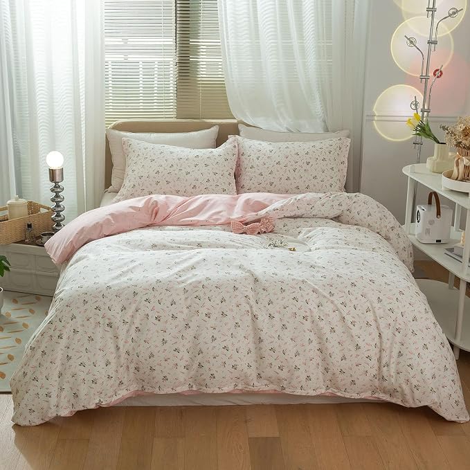 mixinni Cotton Floral Duvet Cover Twin Girl Pink Flower Teenage Girls Duvet Cover Set with Zipper Ties, Easy Care, Ultra Soft and Breathable-Twin Size