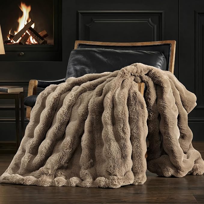 EverGrace Faux Rabbit Fur Bubble Throw Blanket, 60"x80", Greige | Ultra Soft, Luxury Faux Rabbit Fur Throw, Thick Warm Bubble Blanket, Cozy Fluffy Reversible, for Bed, Couch, Chair, Sofa