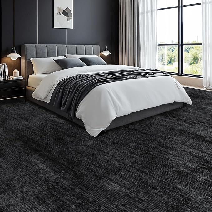 LIANLAM 10x12 Washable Rug, Black Solid Area Rugs for Living Room & Bedroom | Stain-resistant & Non-slip backing,Low Pile Washable Large Carpet, Solid Vintage Style For High Traffic Areas(10x12,Black)