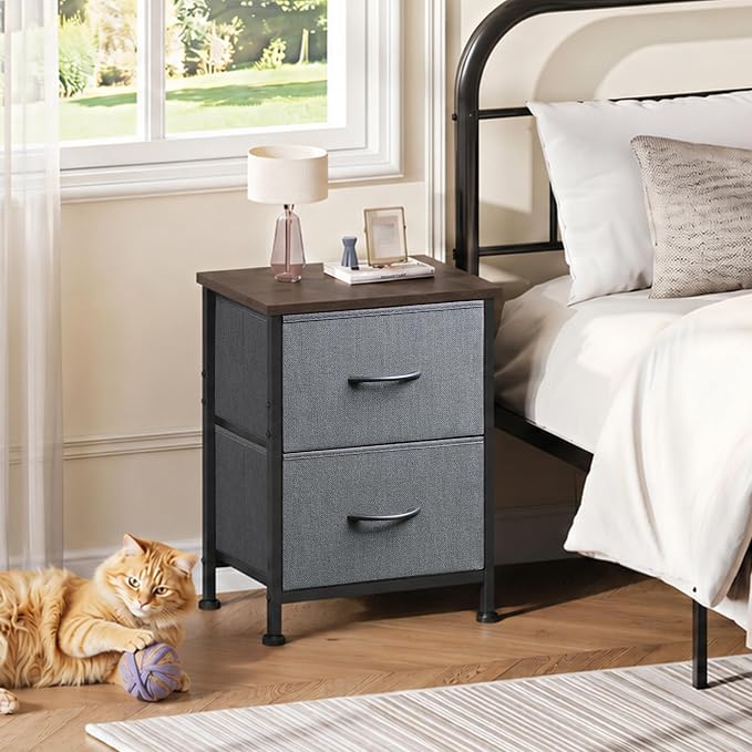 WLIVE Nightstand, 2 Drawer Dresser for Bedroom, Small Dresser with 2 Drawers, Bedside Furniture, Night Stand, End Table with Fabric Bins for Bedroom, Closet, Entryway, College Dorm, Dark Grey | End Table with Fabric Bins for Bedroom, 15-Min Quick-Assem...