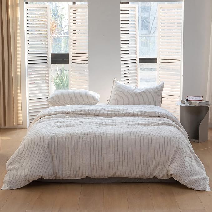 Simple&Opulence 100% Linen Striped Duvet Cover Queen 3pcs, Yarn Dyed Vertical Pinstripe Ticking Pattern Natural French Washed Flax Breathable Farmhouse Bedding - Cinnamon Stripe