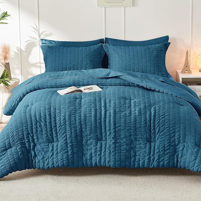 HYMOKEGE Teal Oversized King Comforter Set Seersucker 7 Pieces, All Season Luxury Bed in a Bag for Bedroom, Bedding Set with Comforter, Sheets, Pillowcases & Shams