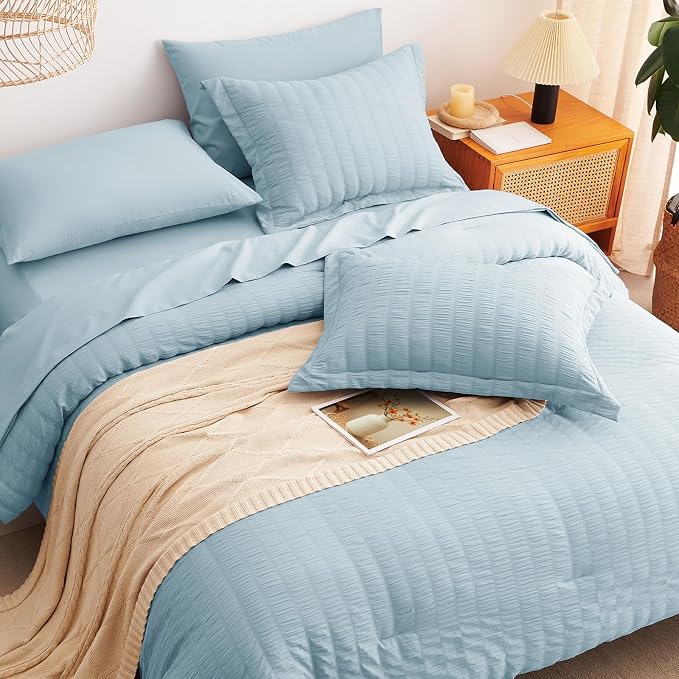 Oversized Queen Seersucker Comforter Set, Light Blue, 98 x 98 in | OEKO-TEX Certified, 7 Pieces Bed in a Bag with 240 GSM Down Alternative Comforter, Flat & Fitted Sheets, Pillowcases & Shams