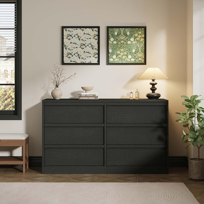 Garvee 6 Dresser for Bedroom, 46.7" Wide Dresser, Freestanding Horizontal Drawer with Storage, Wooden Closet Chest Storage for Living Room, Hallway, Entryway, Black