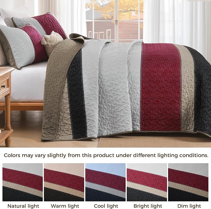 Cottolester Quilts Queen Size,Black Red Striped Bedspread Coverlet Set | Lightweight Patchwork Quilted Bedding Set with 2 PillowShams,Soft Microfiber,All Seasons Quilts Queen Size for Bed 96"x90"