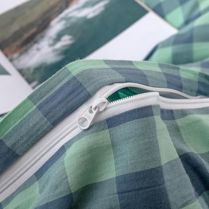 mixinni Green Gingham Grid Duvet Cover Twin, 100% Washed Cotton Modern Geometric Bedding Set with 2 Pillowcases, Farmhouse Style Blue Plaid Comforter Cover Set for Men & Women, Soft & Lightweight