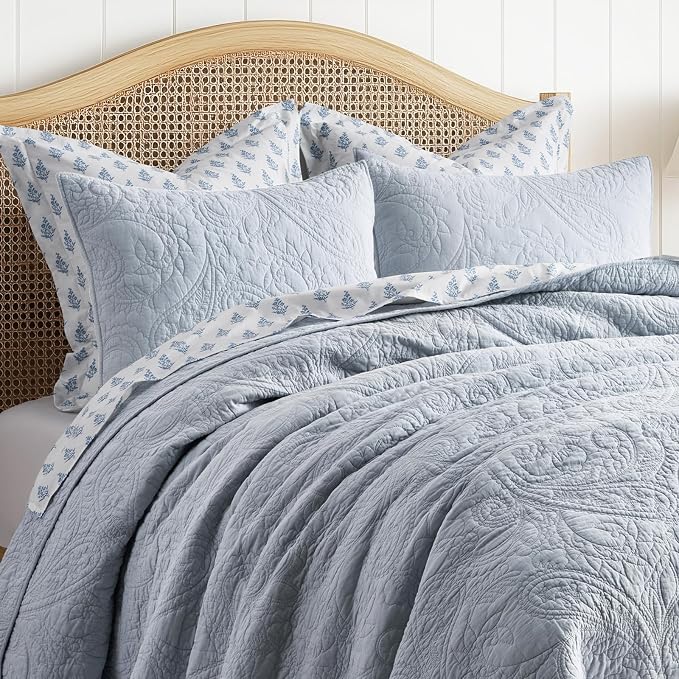 EVERGRACEHOME 100% Cotton Paisley Quilt Set, Queen Size, Pearl Blue | Prewashed for Softness, Year-Round Breathability, Gift-Ready Box, Matelasse-style Quilted Coverlet, 3 Piece Set with 2 Shams