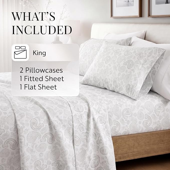 Linen Market 4 Piece King Sheet Set - Breathable, Double-Brushed Patterned Cooling Sheets – Oeko-TEX Certified Ultra Soft & Wrinkle-Free 16" Deep-Pocket King Sheets - Easy Care Coarse Paisley Gray