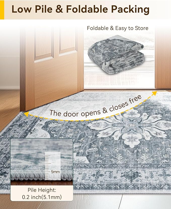RELEANY Washable Area Rug, Small 2'x3', Grey/White/Beige | Non-Slip, Water Repellent, Pet Friendly, Easy to Clean, Vintage Floral Boho Decor for Kitchen Entryway Bathroom