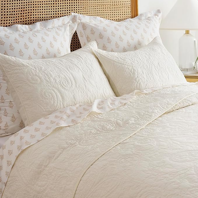 EVERGRACEHOME 100% Cotton Paisley Quilt Set, King Size, Ivory Cream | Prewashed for Softness, Year-Round Breathability, Gift-Ready Box, Matelasse-style Quilted Coverlet, 3 Piece Set with 2 Shams