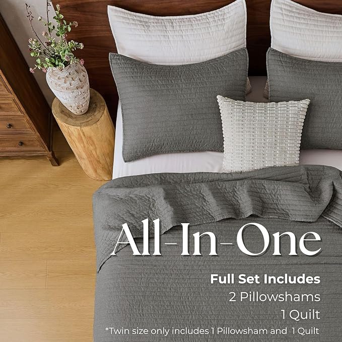 DOWN HOME Cali King Quilt Bedding Set with Shams, Vintage Washed Quilted Blanket Thin Comforter Lightweight Bedspread Coverlet Bed Cover, Brushed Microfiber Stripe Stitching, Ash Gray, 111"x92"