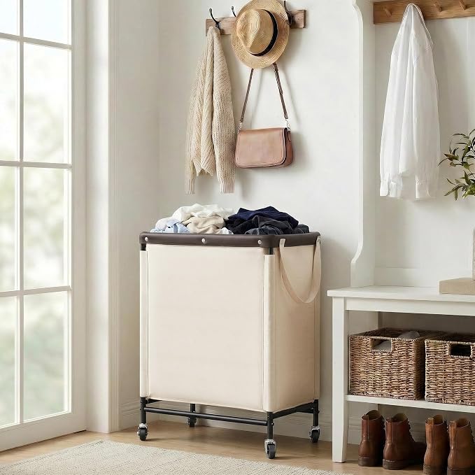 StorageWorks 2 Section Laundry Hamper, 100L Beige Sorter Cart with Wheels | Laundry Basket with Handles, Beige Sorter Cart for Bedroom, Bathroom, Apartment, Dorm