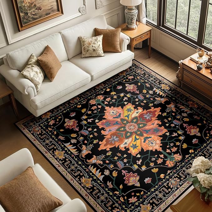 RELEANY Washable Area Rug, Square 6'x6', Black/Colorful | Non-Slip, Water Repellent, Pet Friendly, Easy to Clean, Vintage Floral Boho Decor for Living Room Bedroom Dining Room Office