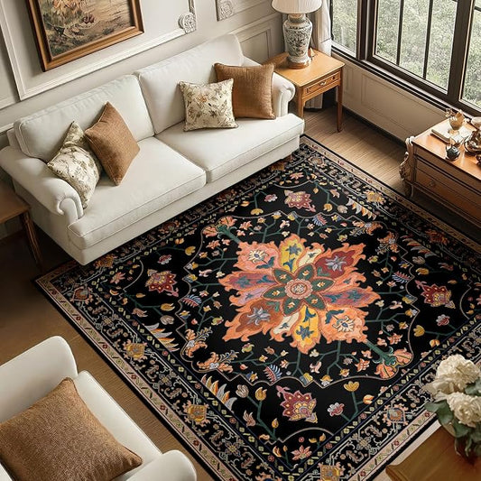 RELEANY Washable Area Rug, Square 6'x6', Black/Colorful | Non-Slip, Water Repellent, Pet Friendly, Easy to Clean, Vintage Floral Boho Decor for Living Room Bedroom Dining Room Office