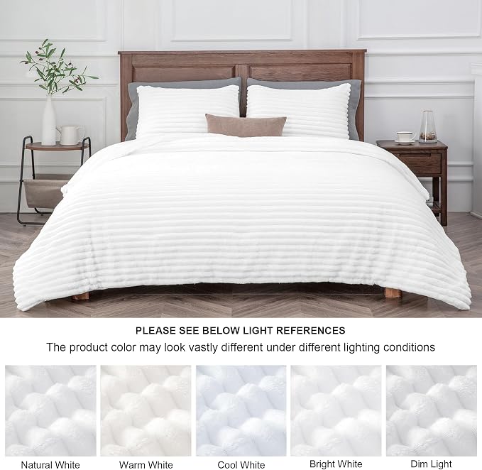 BEDELITE Fleece King Comforter Set, Fluffy Bed Set, Bright White | Super Soft & Warm Bedding, Luxury Fuzzy Faux Fur Comforter for Winter, Heavy Plush Bedding, with 2 Pillowcases