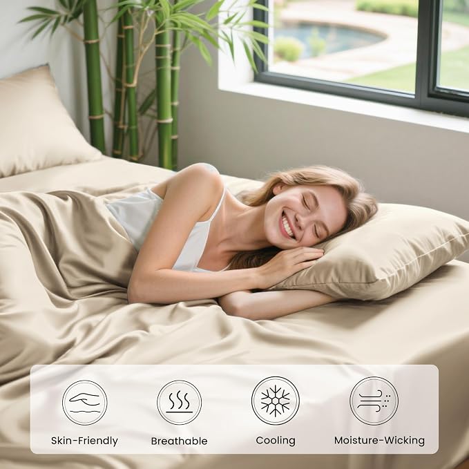 Love's cabin 3 Piece Twin Sheet Set, 100% Rayon Derived from Bamboo, Cooling & Breathable, Soft Silky Deep Pocket up to 16", Hotel Luxury Bedding for Hot Sleepers, Dark Beige
